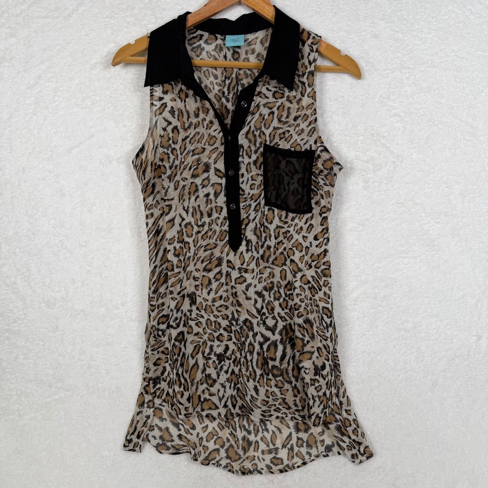 h.i.p. Sleeveless Top Womens Medium Tan Leopard Print Sheer Mesh Pocket JE285